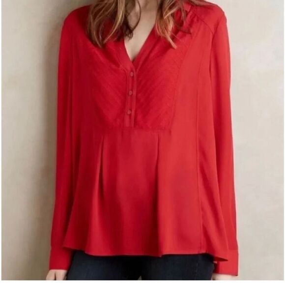 ANTHROPOLOGIE MAEVE Red Chevron Inlay Popover Top Blouse Sz. 4 - Picture 11 of 11